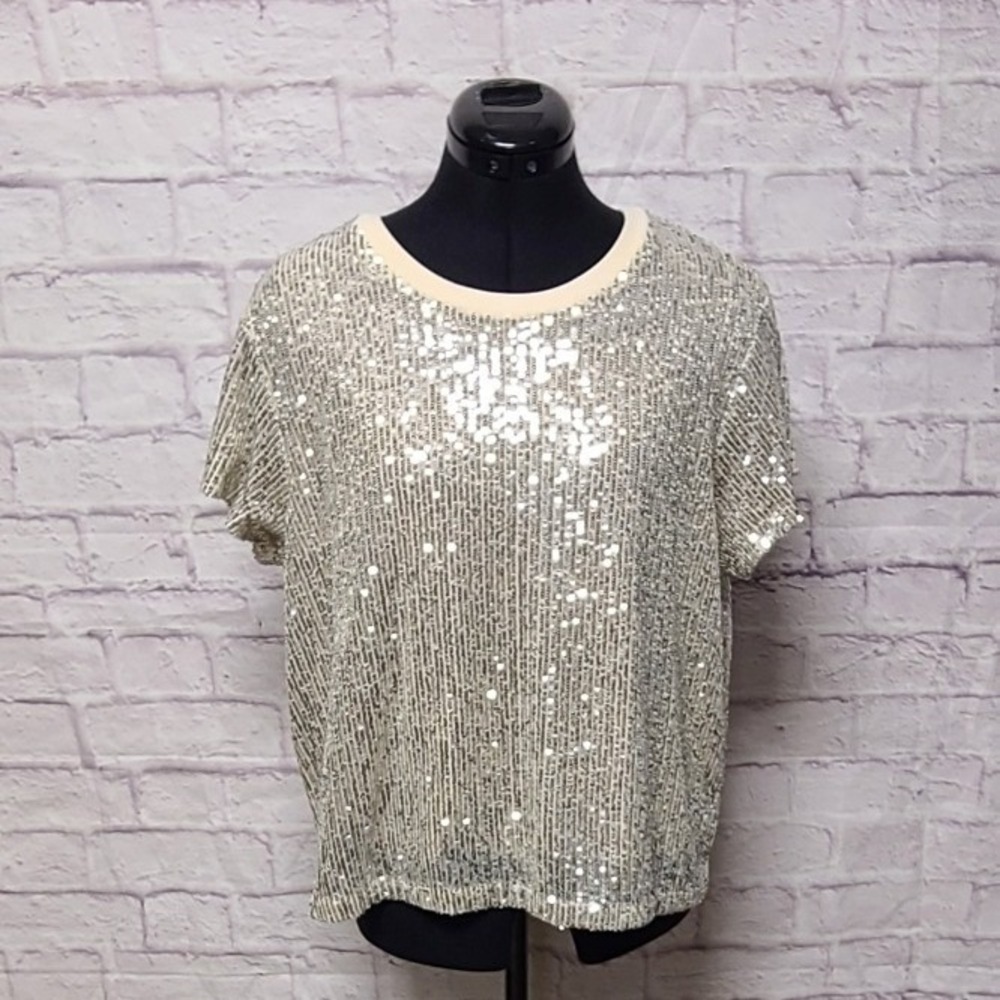Generation Love Kai Sequin Top Moonbeam Silver‎ Beige Short Sleeve XL NWT